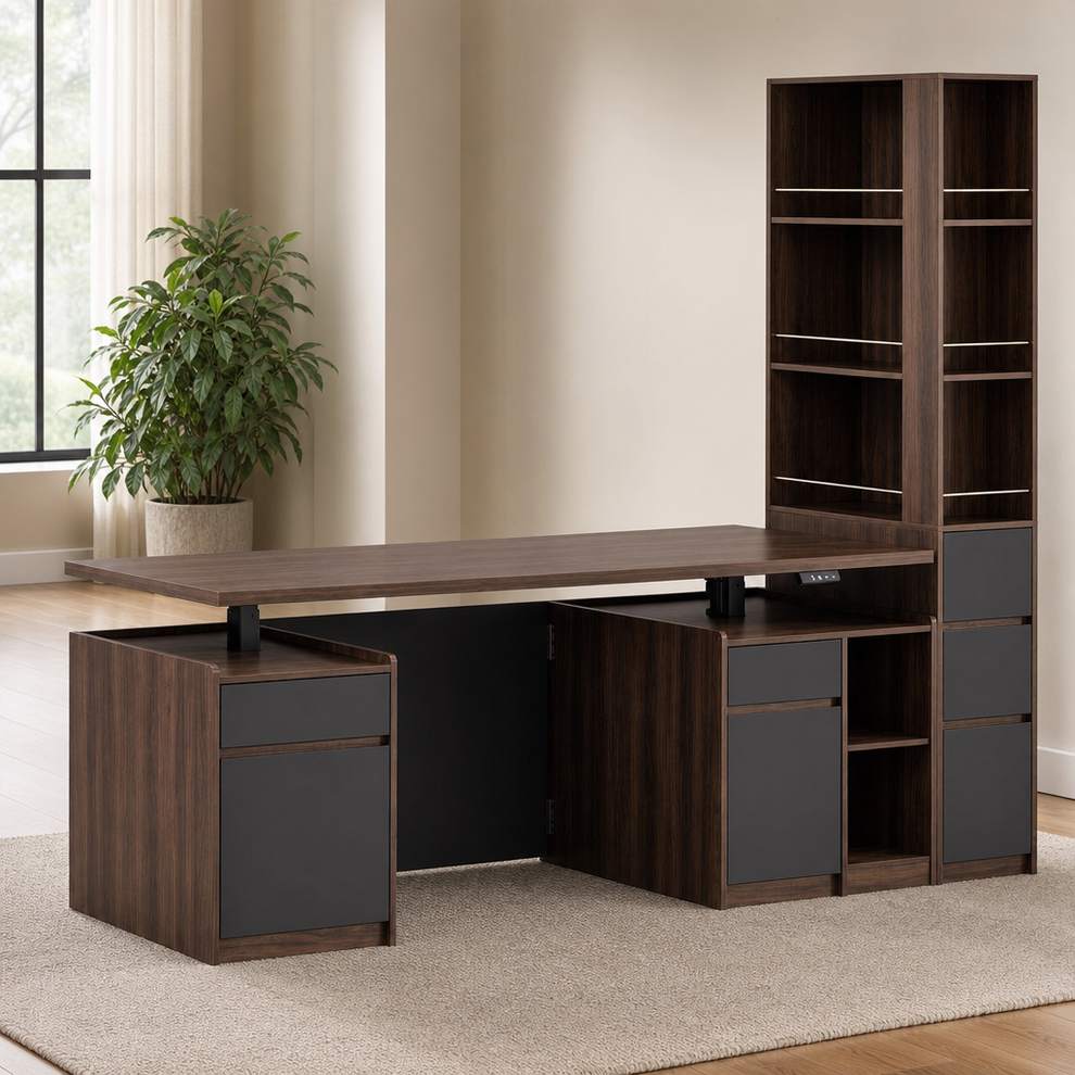 71-Inch Electric Height-Adjustable Desk and Matching Narrow Bookcase Set, Walnut centered in a warm neutral furnished room