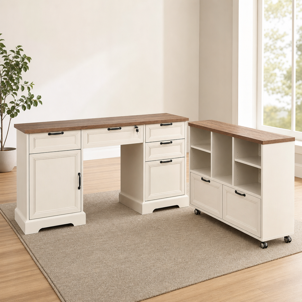 L-Shaped Executive Desk and Mobile File Cabinet Set, 60" Rustic Wood Top — White o centered in a warm neutral furnished room