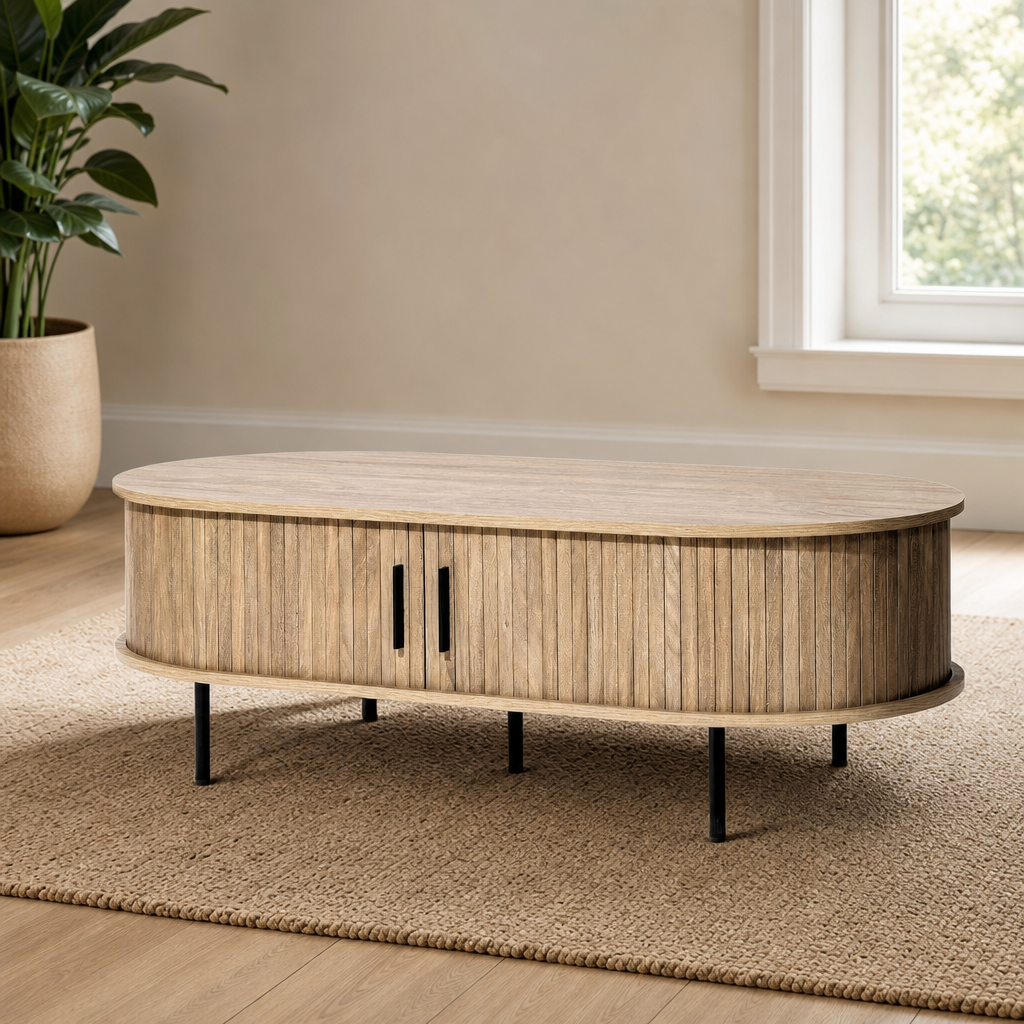 Oval Coffee Table with Sliding Tambour Doors, Oak-Grain Finish centered in a warm neutral furnished room