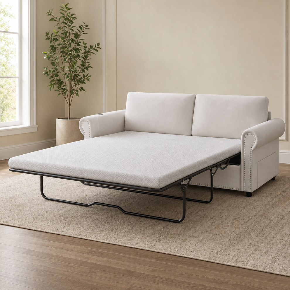 83" Queen Pull-Out Sofa Bed with 3" Memory Foam Mattress, USB Ports & Side Pockets centered in a warm neutral furnished room