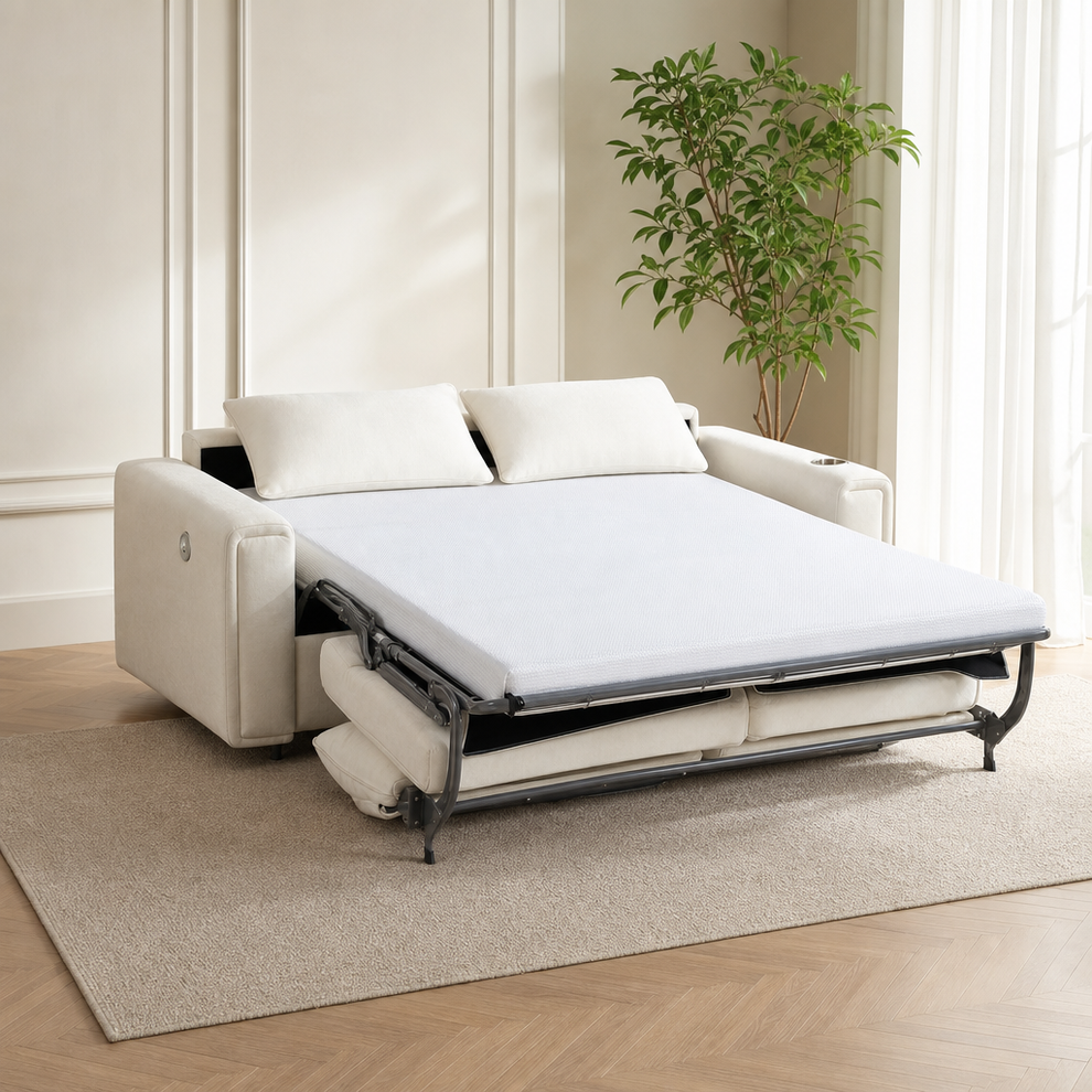 Queen Pull-Out Sofa Bed with 30% Thicker Memory Foam Mattress, White centered in a warm neutral furnished room