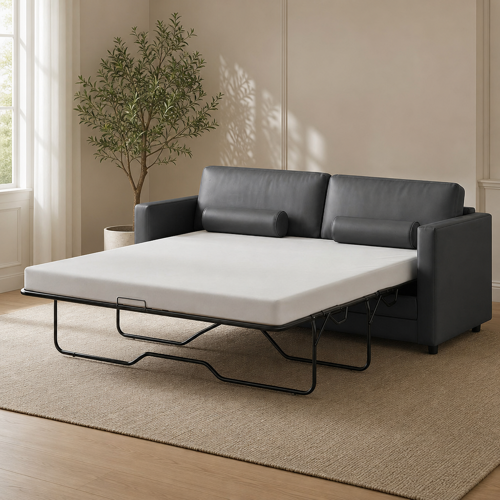 Pull-Out Sofa Bed, Faux Leather 2-in-1 with 3.5-inch Memory Foam Mattress centered in a warm neutral furnished room