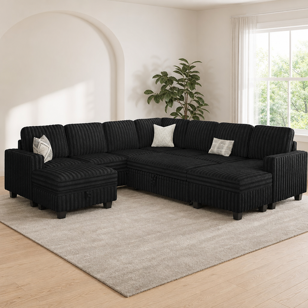 Modular Sectional Sleeper Sofa Bed with Storage Chaise — Plush Corduroy centered in a warm neutral furnished room