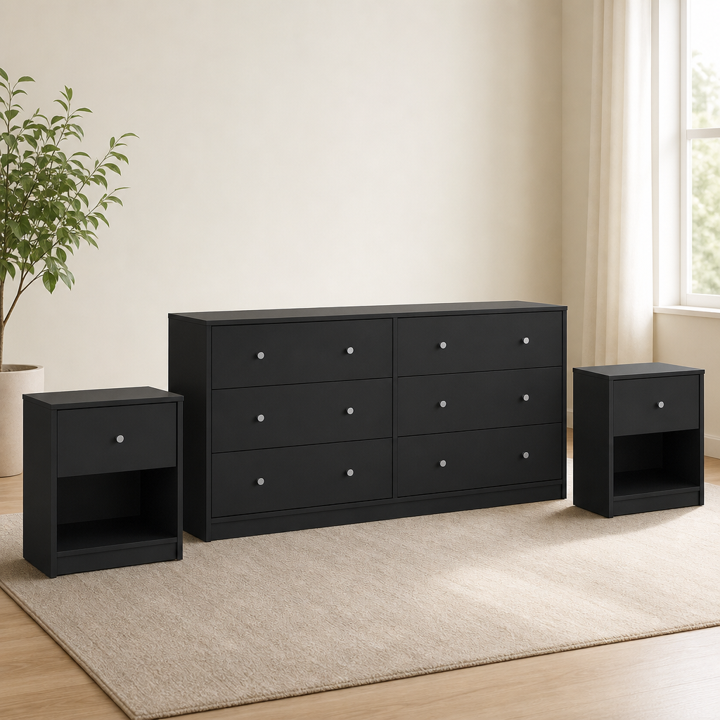 Black 3-piece bedroom set with six-drawer dresser centered between two nightstands in a neutral room setting, front view