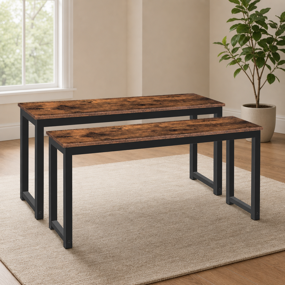 Dining Benches, Set of 2, Rustic Brown Industrial Metal Frame centered in a warm neutral furnished room