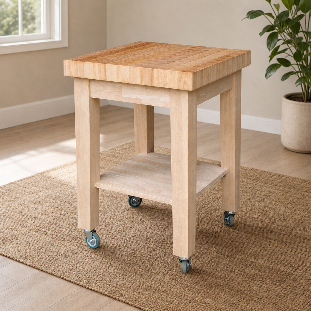 Kitchen Island Cart Solid Parawood Top with Casters & Fixed Shelves centered in a warm neutral furnished room