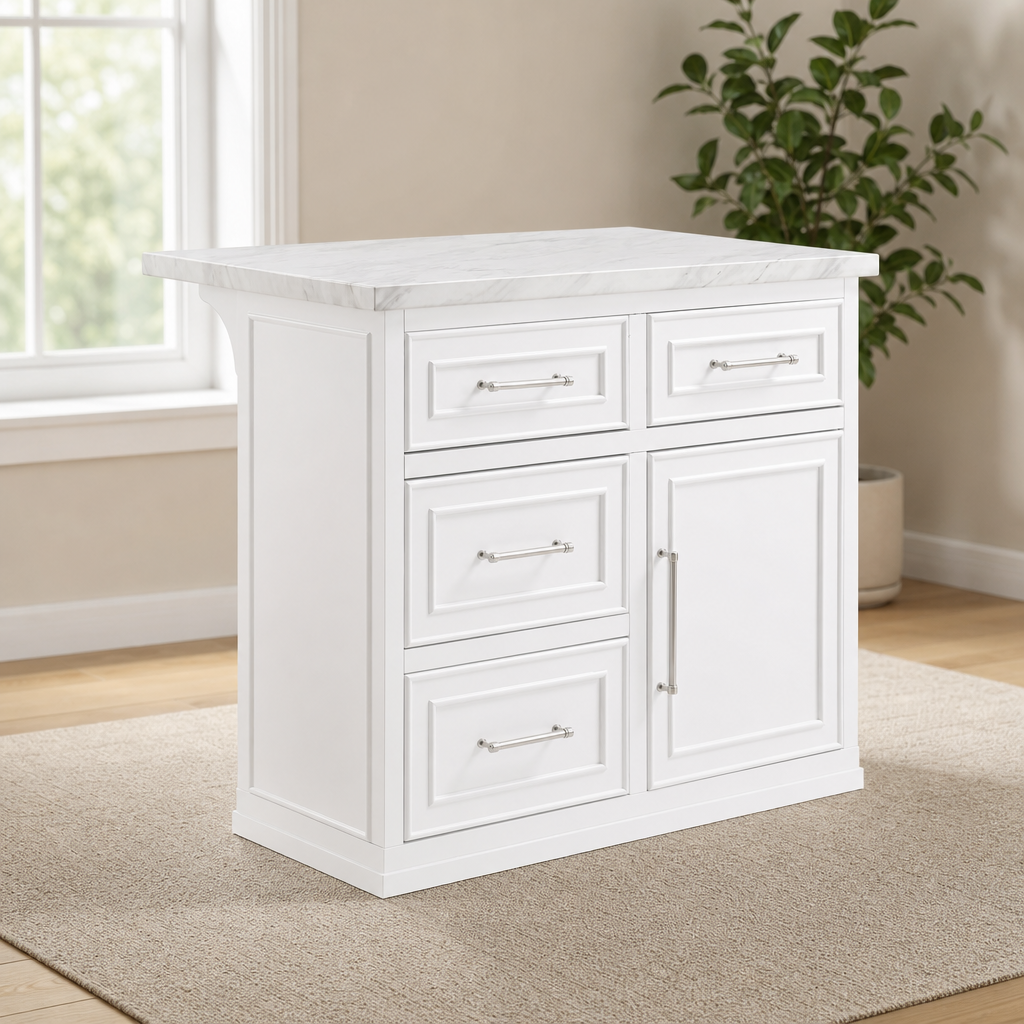 Kitchen Island with Faux Marble Top, Drawers & Cabinet centered in a warm neutral furnished room