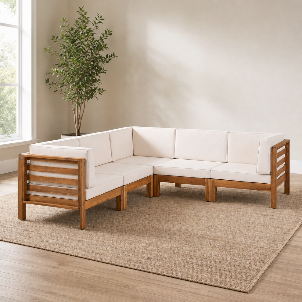 Christopher Knight 5-Seat Modular Outdoor Sectional, Acacia Frame, Water-Resistant centered in a warm neutral furnished room