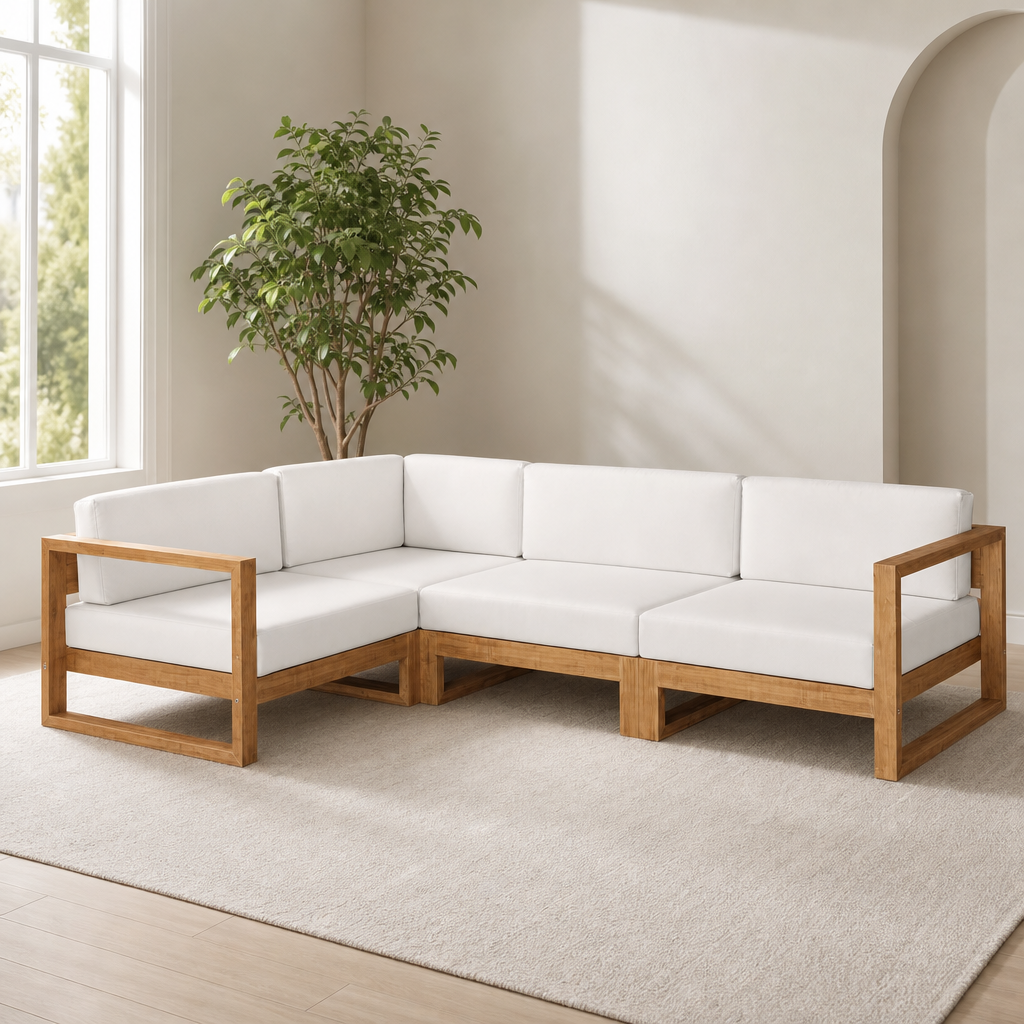 Modway Upland Teak 4-Piece Outdoor Sectional Sofa, Natural Teak with White Cushion centered in a warm neutral furnished room