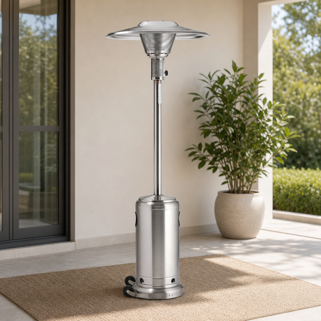 Stainless steel mushroom patio heater full view on a covered patio with casters visible
