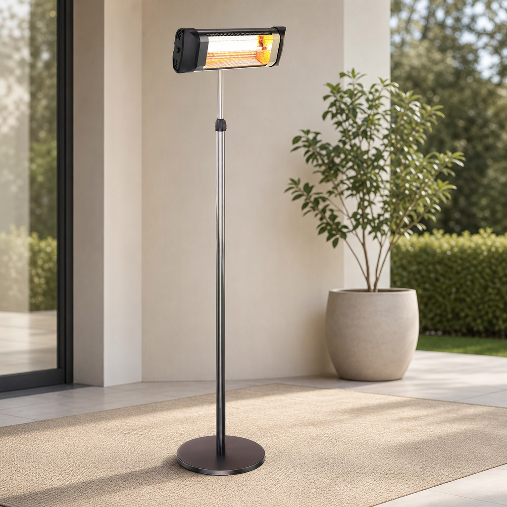 Standing infrared patio heater on a round base on a patio beside a planter, full-height front view