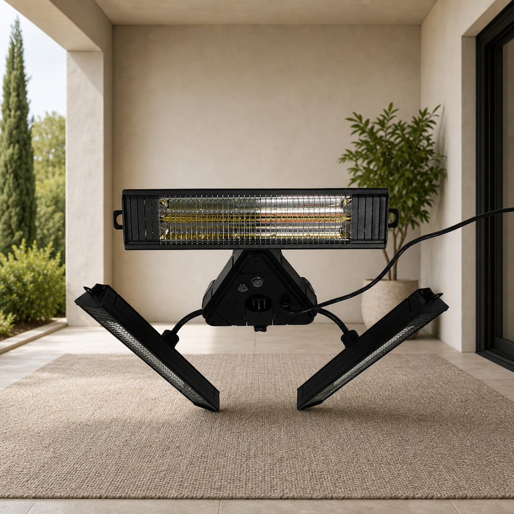 AZ Patio Heaters Infrared Parasol Heater with Remote Control centered in a warm neutral furnished room