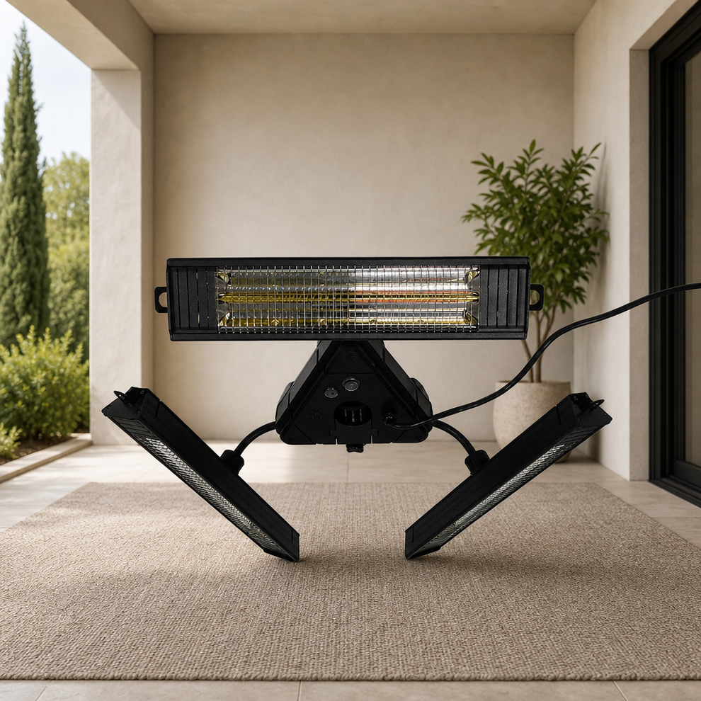 AZ Patio Heaters Infrared Parasol Heater with Remote Control centered in a warm neutral furnished room