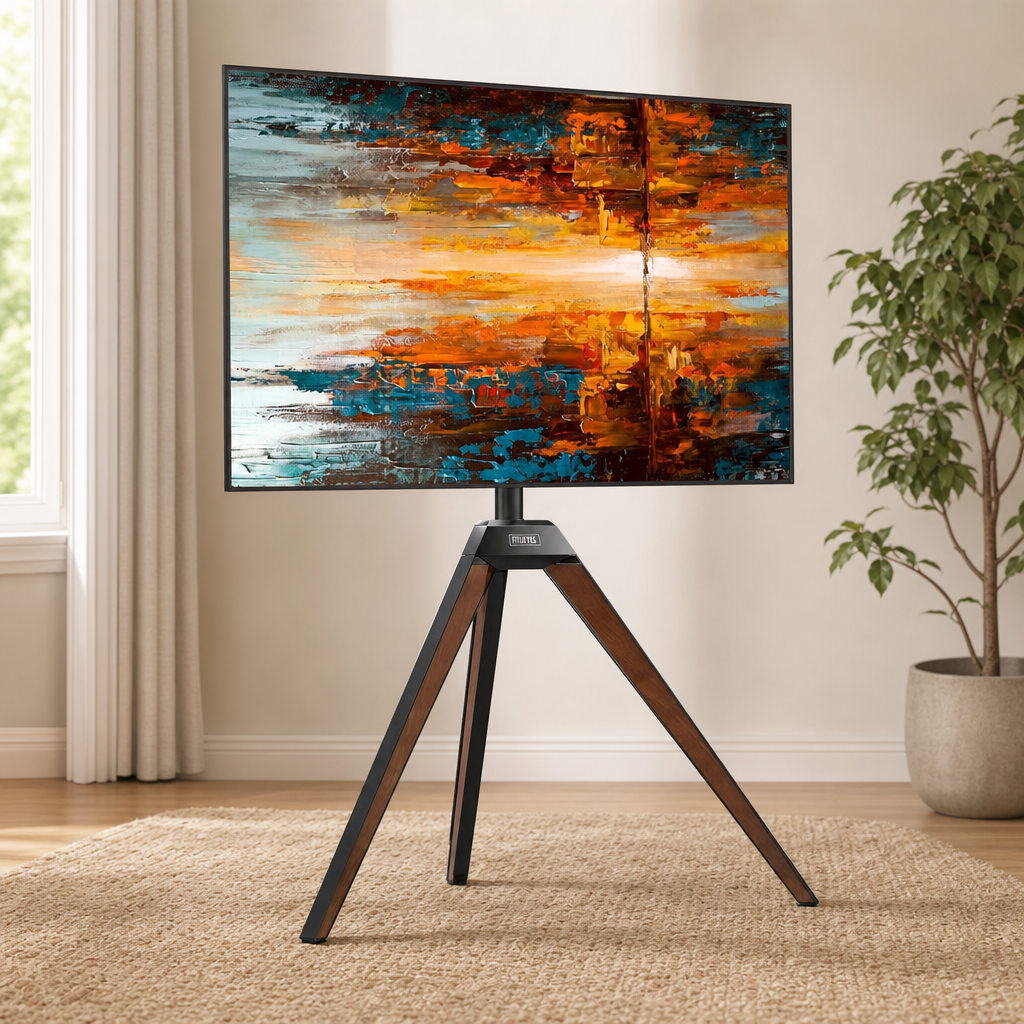 Tripod TV Stand for 32–65 Inch TVs — Beech Wood & Iron, Swivel Mount with Conceale centered in a warm neutral furnished room