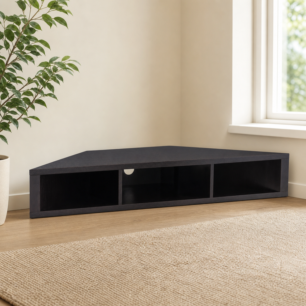 Furniture of America Corner Floating TV Stand, Cappuccino, 3 Open Shelves centered in a warm neutral furnished room