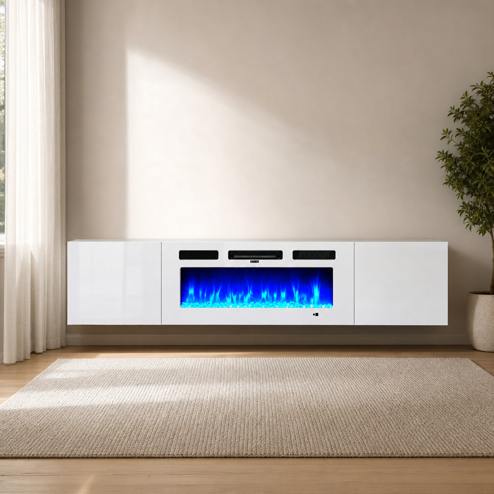 Floating TV Stand with 36" Electric Fireplace, 70" Wall-Mounted Console, White centered in a warm neutral furnished room