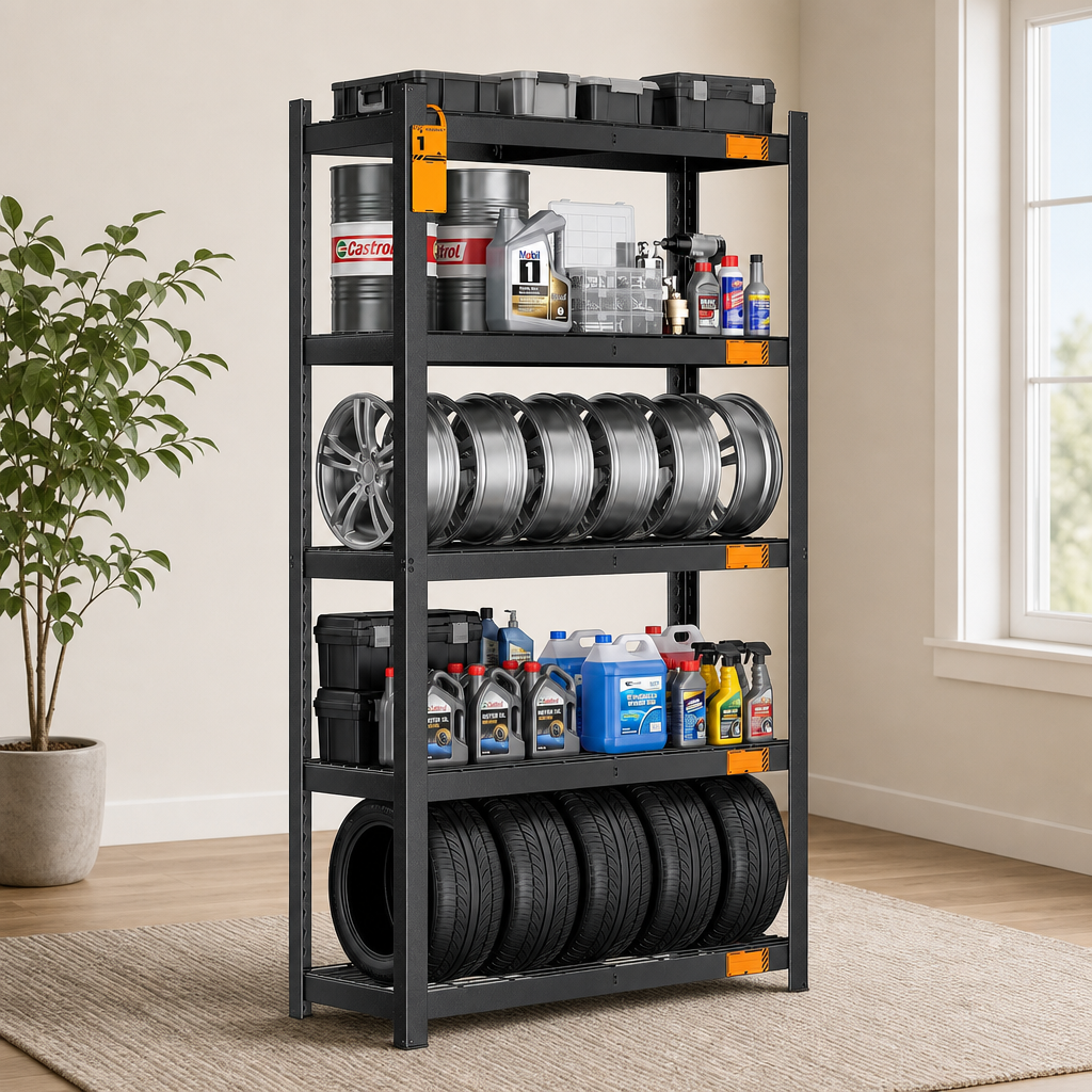 5-Tier Wire Storage Shelf — Heavy Duty, 36 in W x 16 in D x 72 in H centered in a warm neutral furnished room