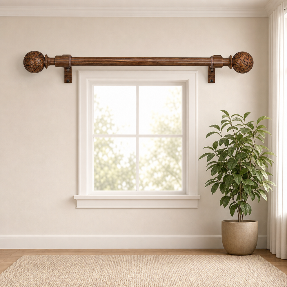 Curtain Rod 1" Metal Core, Wood-Grain Finish with Carved Resin Finials - Adjustabl centered in a warm neutral furnished room