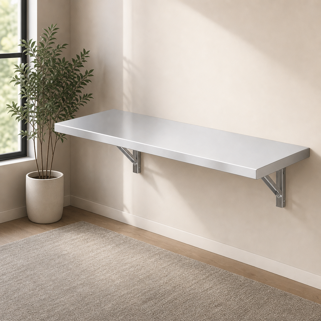 VEVOR Stainless Steel Shelf 12" x 48" Foldable Wall Mount Floating Shelf centered in a warm neutral furnished room