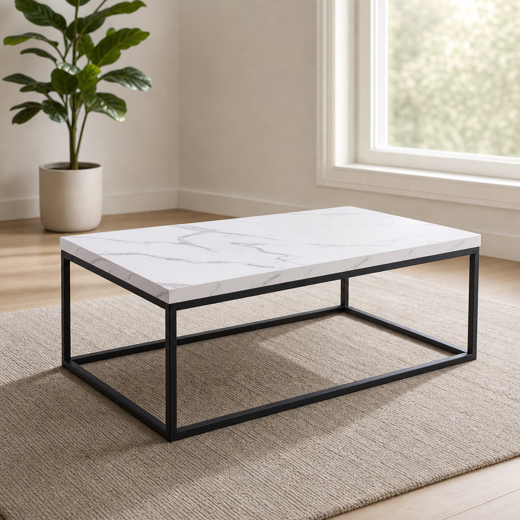 47-Inch Marble Top Coffee Table with 40mm Honeycomb MDF Top and Black Metal Frame centered in a warm neutral furnished room