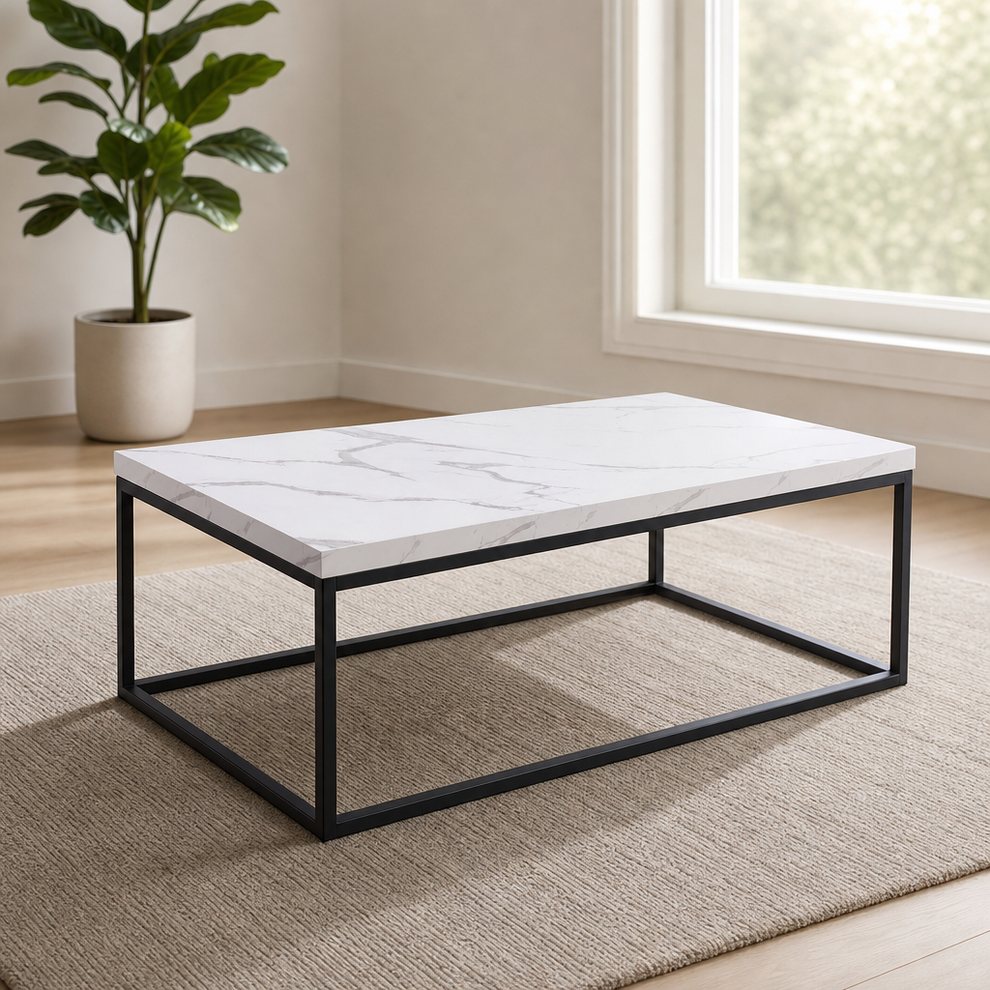 47-Inch Marble Top Coffee Table with 40mm Honeycomb MDF Top and Black Metal Frame centered in a warm neutral furnished room