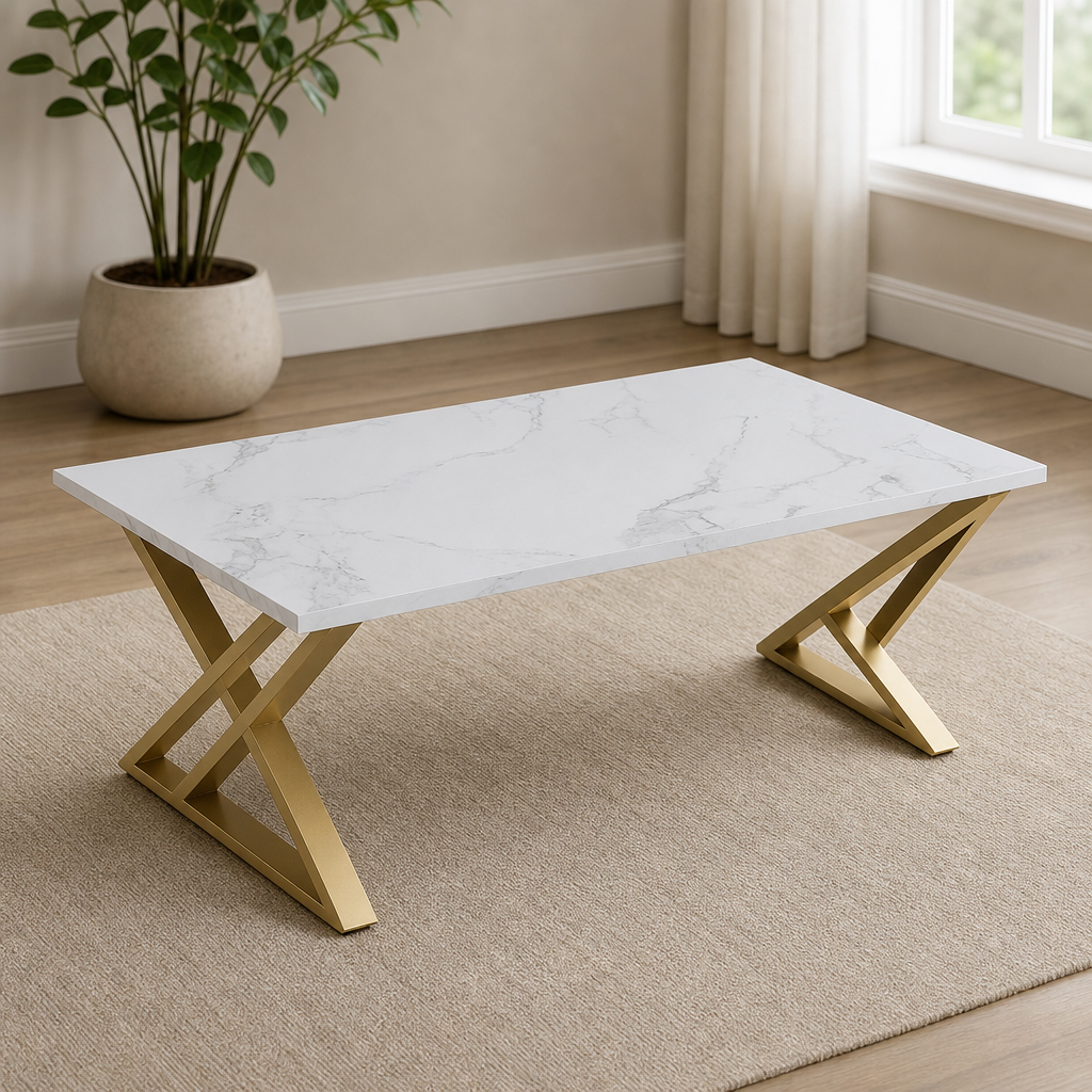 Coffee Table with Faux Marble or Tempered Glass Top, X-Shaped Steel Legs, 39.3in centered in a warm neutral furnished room