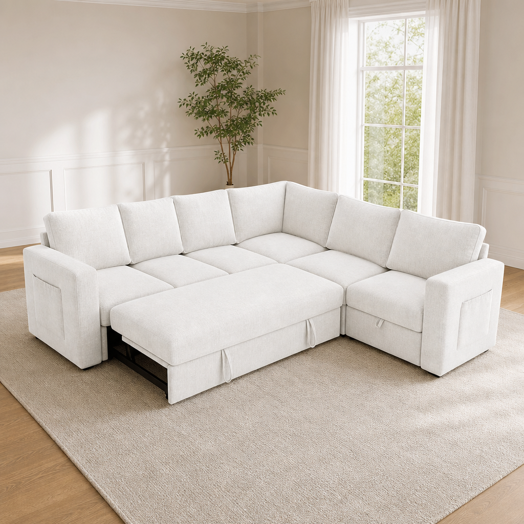 Cream chenille 5-seat modular sectional with pull-out sleeper angled front view in bright living room