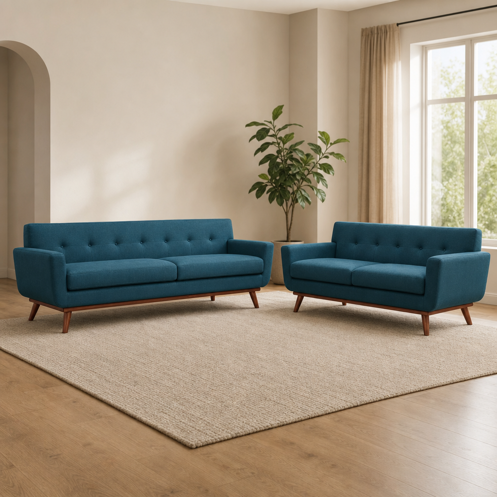 Modway Engage Sofa and Loveseat Set, Mid-Century Button-Tufted Polyester centered in a warm neutral furnished room