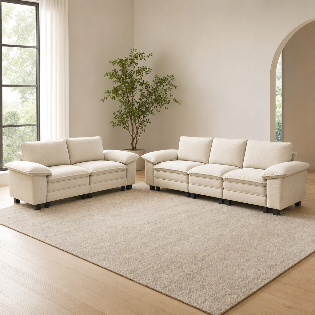SUNSHINE VALLEY 2-Piece Sofa Set, Loveseat & 3-Seat Couch, Chenille White centered in a warm neutral furnished room