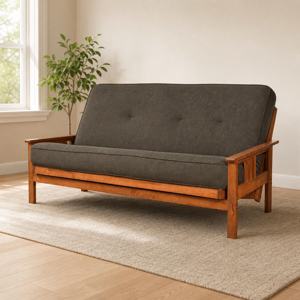Monterey Futon Full-Size Hardwood Frame with Mission Arms and 276-Coil Mattress centered in a warm neutral furnished room
