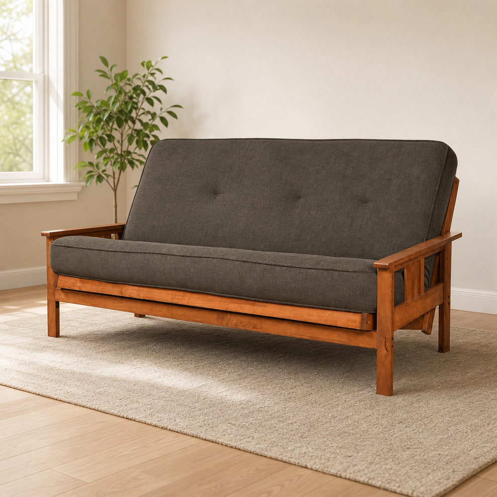 Monterey Futon Full-Size Hardwood Frame with Mission Arms and 276-Coil Mattress centered in a warm neutral furnished room