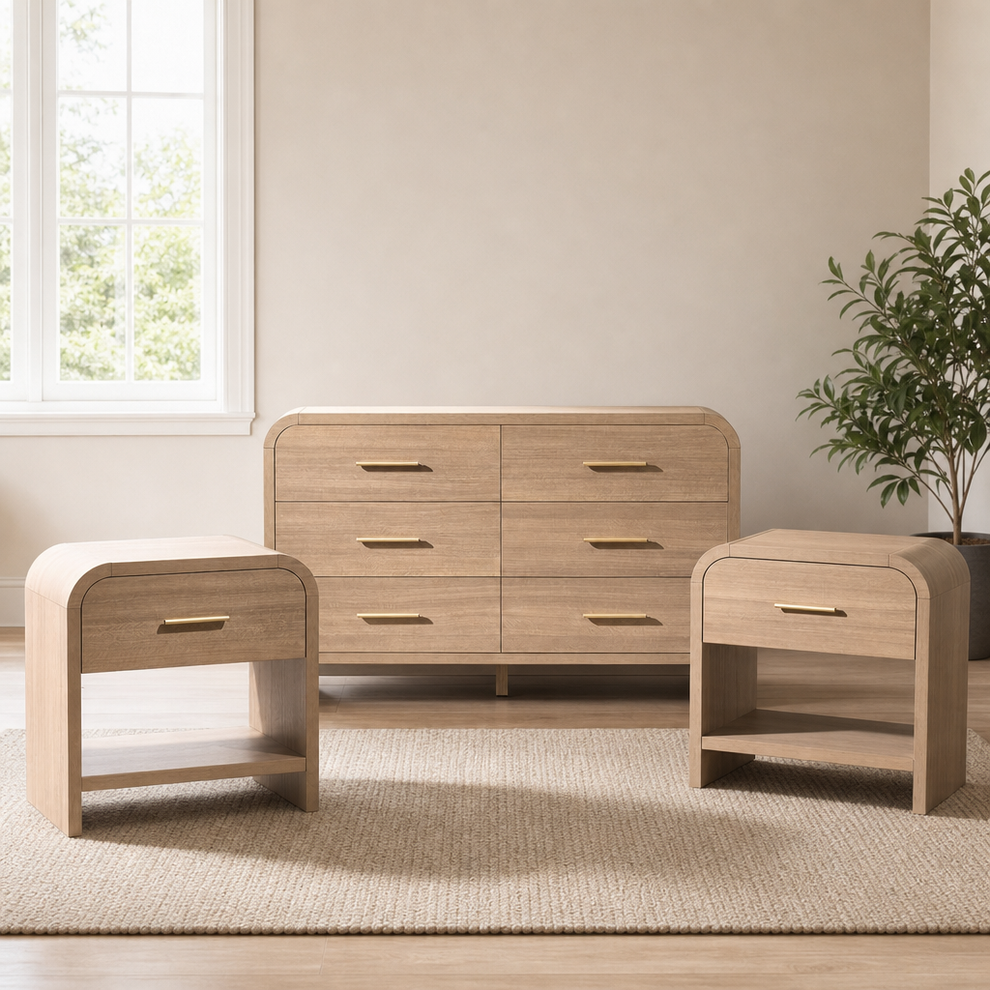 3-Piece Bedroom Set — 6-Drawer Dresser & Two Nightstands, Curved Wood-Grain centered in a warm neutral furnished room