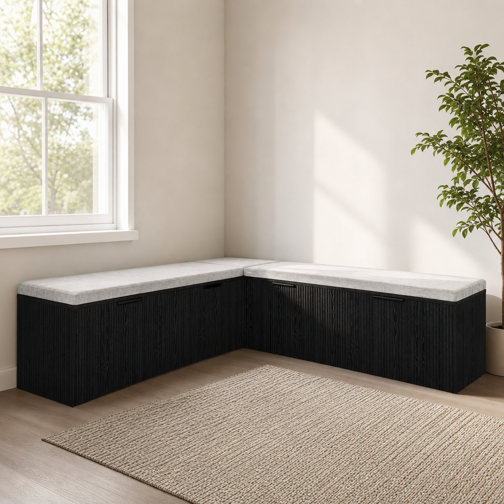 L-Shaped Storage Bench with Velvet Cushion — 62.6" Corner Bench with Hidden Storag centered in a warm neutral furnished room