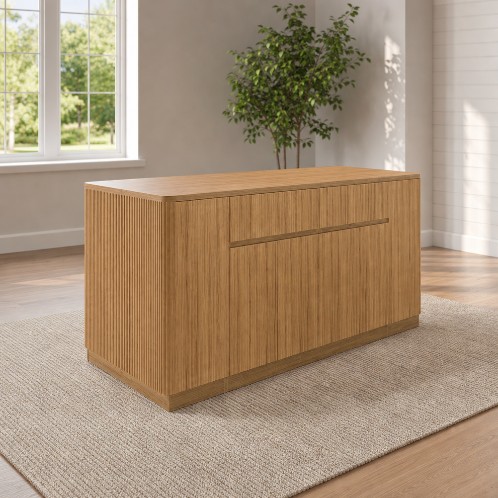 Kitchen Island 74.8in MDF Wood-Grain with 2 Drawers & 6 Storage Compartments centered in a warm neutral furnished room