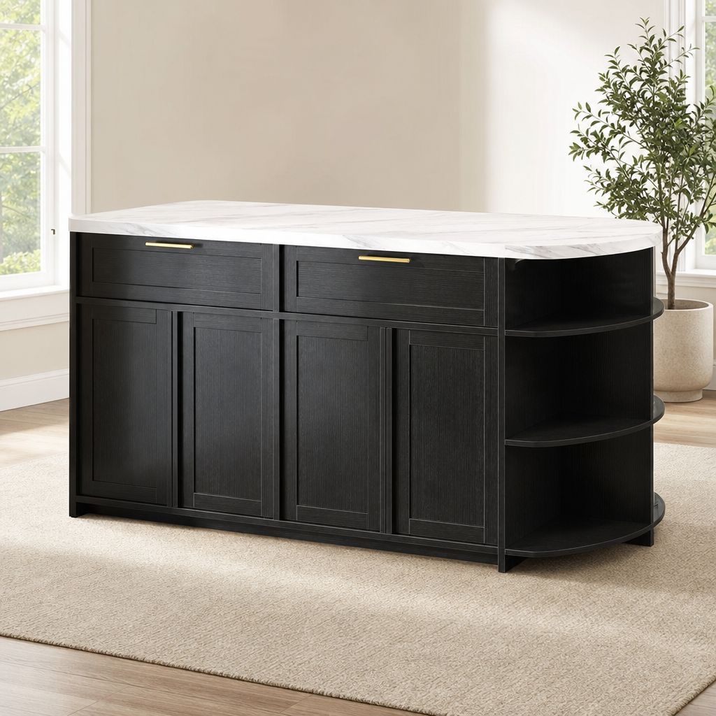 63-inch Kitchen Island with White Faux Marble Top and Storage centered in a warm neutral furnished room