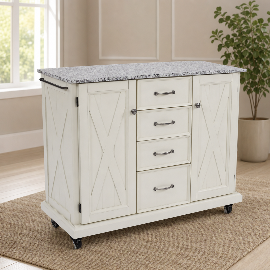 Off-white wooden kitchen cart with salt-and-pepper granite top, front three-quarter view showing drawers and casters