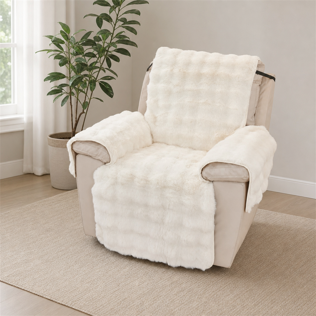 Recliner Chair Slipcover Faux Rabbit Fur with Silicone Anti-Slip Back — 23.6in Sea centered in a warm neutral furnished room
