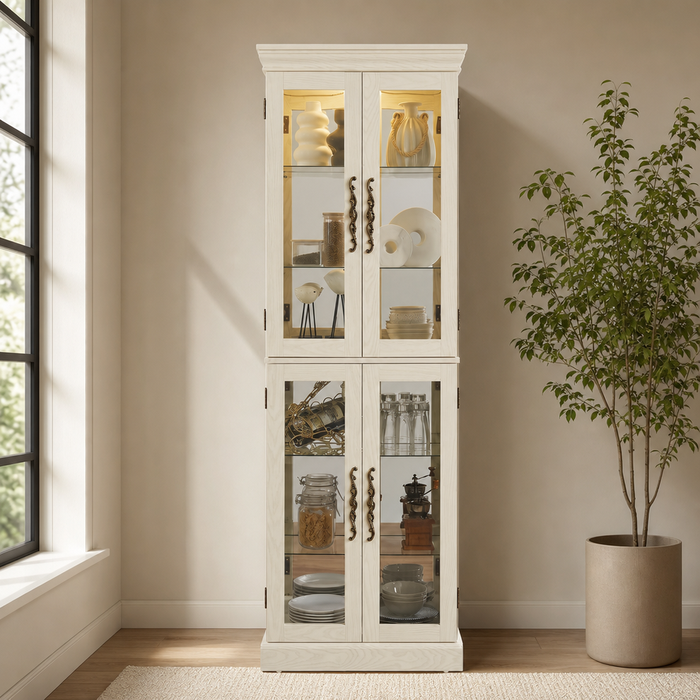 Lighted Curio Cabinet, 71.2" H Composite Wood Display with 4 Tempered Glass Doors centered in a warm neutral furnished room