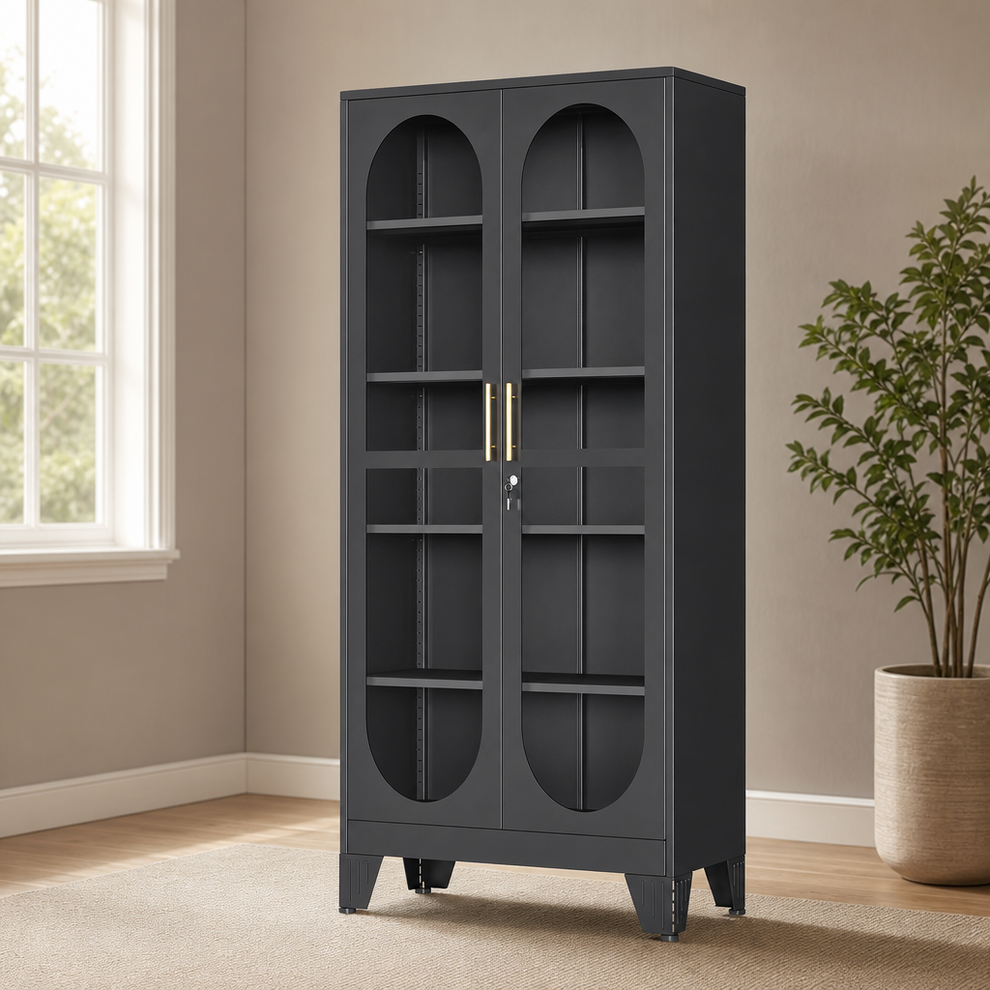 Steel Locking Display Cabinet, Tempered Glass Doors, 71" Black centered in a warm neutral furnished room