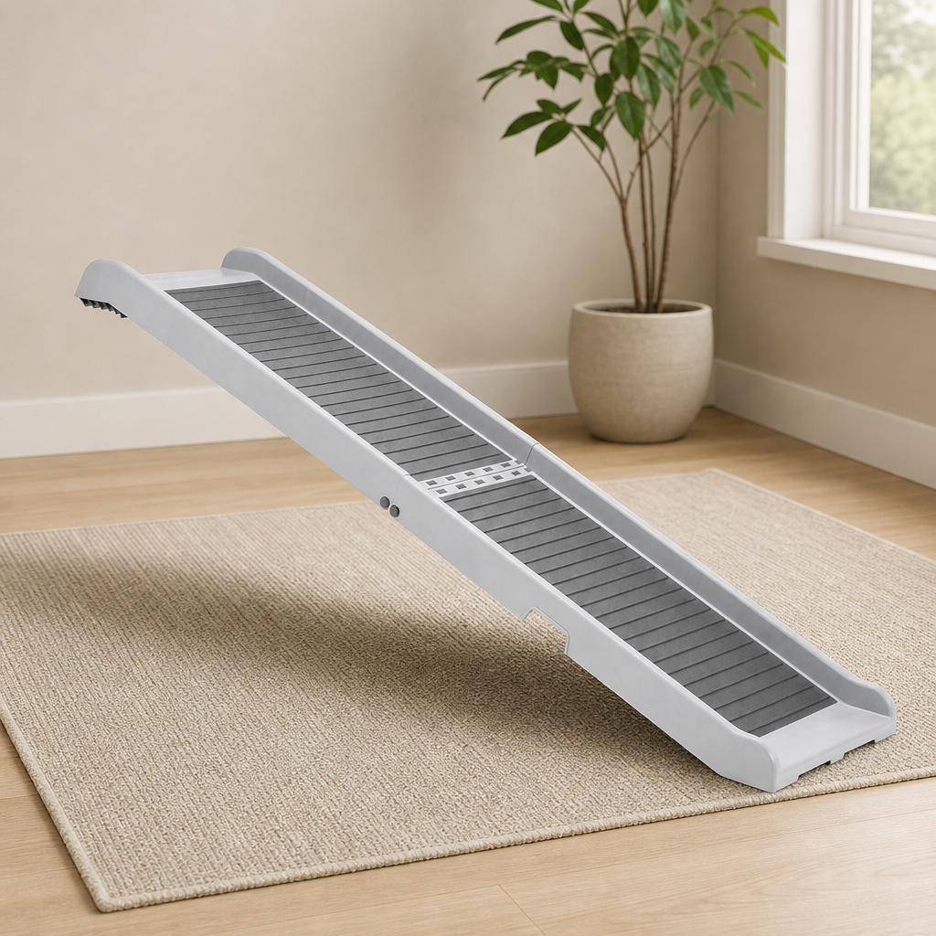 Pet Ramp Foldable 67" Resin, 15" Wide, 300 lb Capacity centered in a warm neutral furnished room
