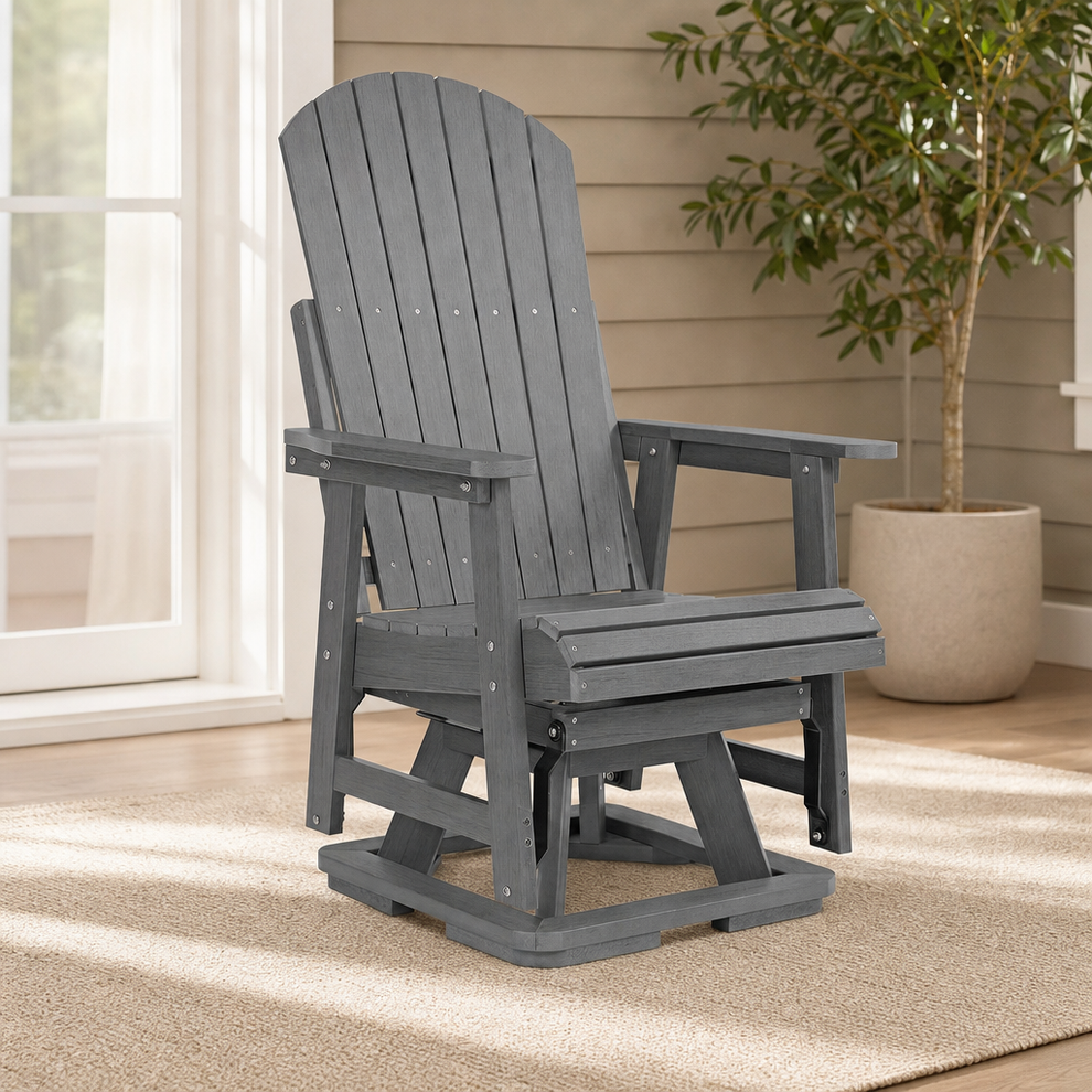 Patio Glider Chair — HIPS Outdoor Glider with 360° Swivel, Weather-Resistant centered in a warm neutral furnished room