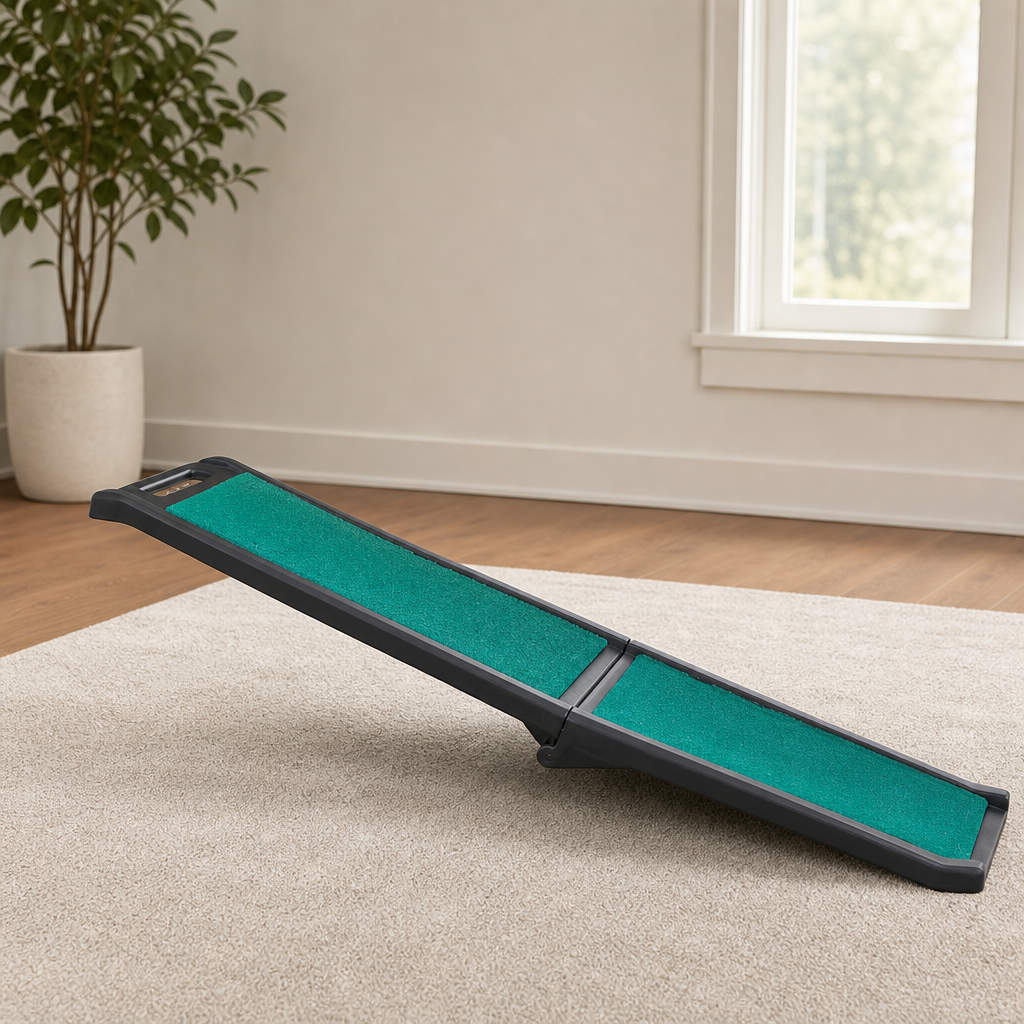 Pet Bi-Fold Ramp with Removable Traction Mat, Carry Handle & Safety Tether centered in a warm neutral furnished room