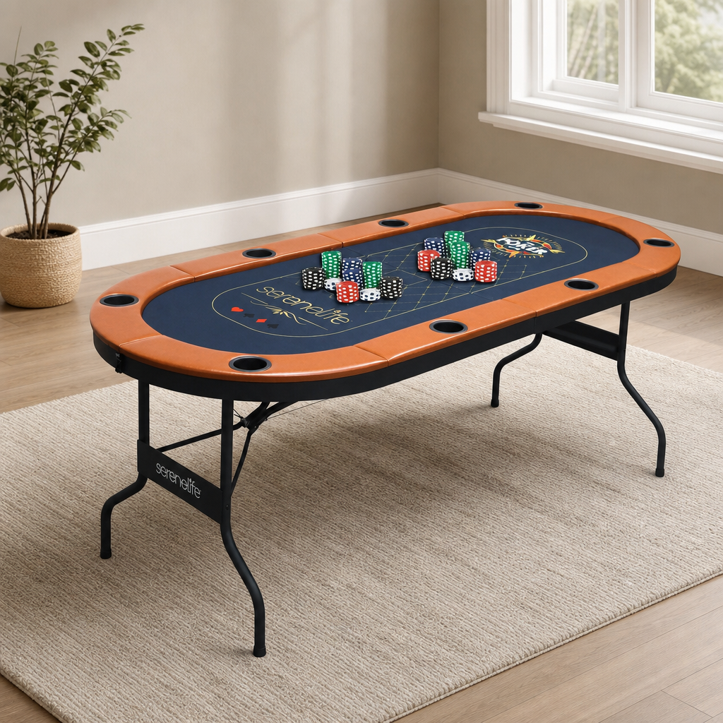 Foldable Poker Table 6-Foot Oval — 8-Player, Cushioned Rail & 8 Cup Holders, Porta centered in a warm neutral furnished room