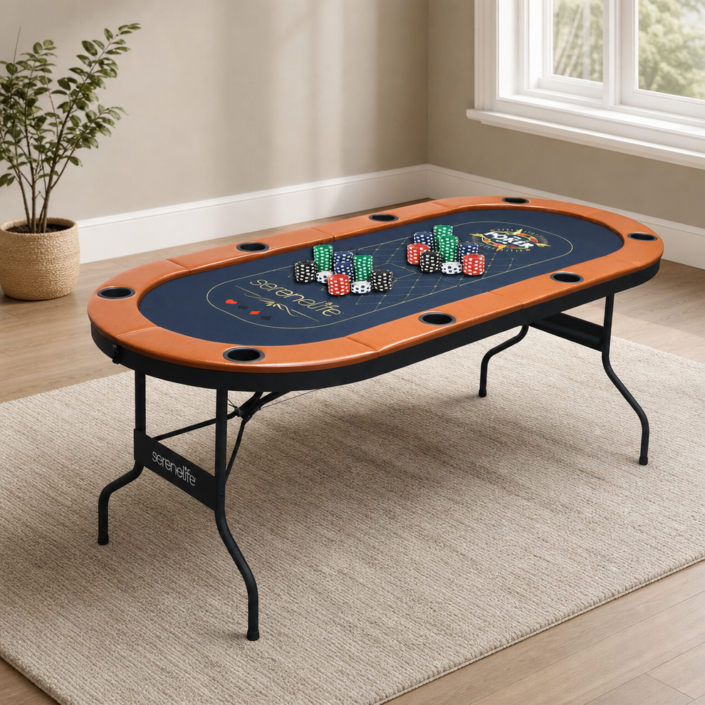 Foldable Poker Table 6-Foot Oval — 8-Player, Cushioned Rail & 8 Cup Holders, Porta centered in a warm neutral furnished room
