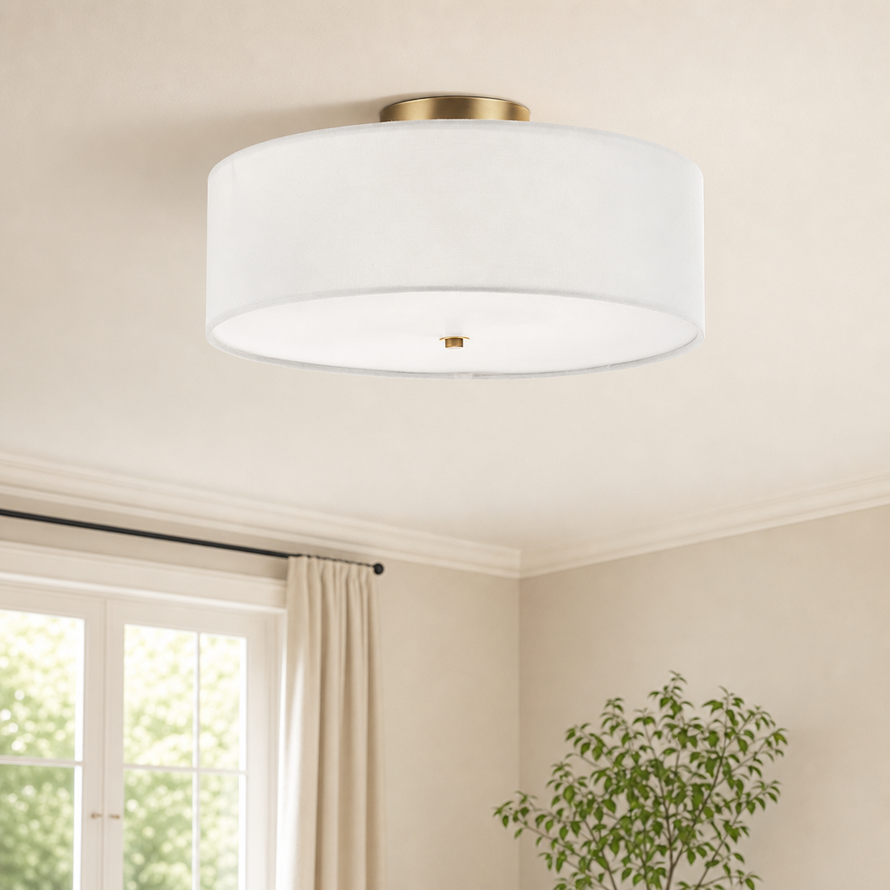 2-Light Flush Mount Ceiling Light — Matte Brass Frame, White Linen Shade centered in a warm neutral furnished room