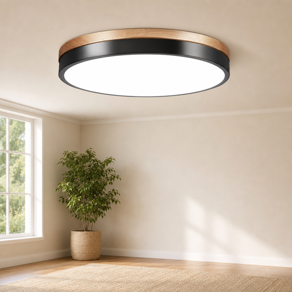 Wood-Trim Integrated LED Flush Mount Ceiling Light, CCT Selectable & Dimmable centered in a warm neutral furnished room