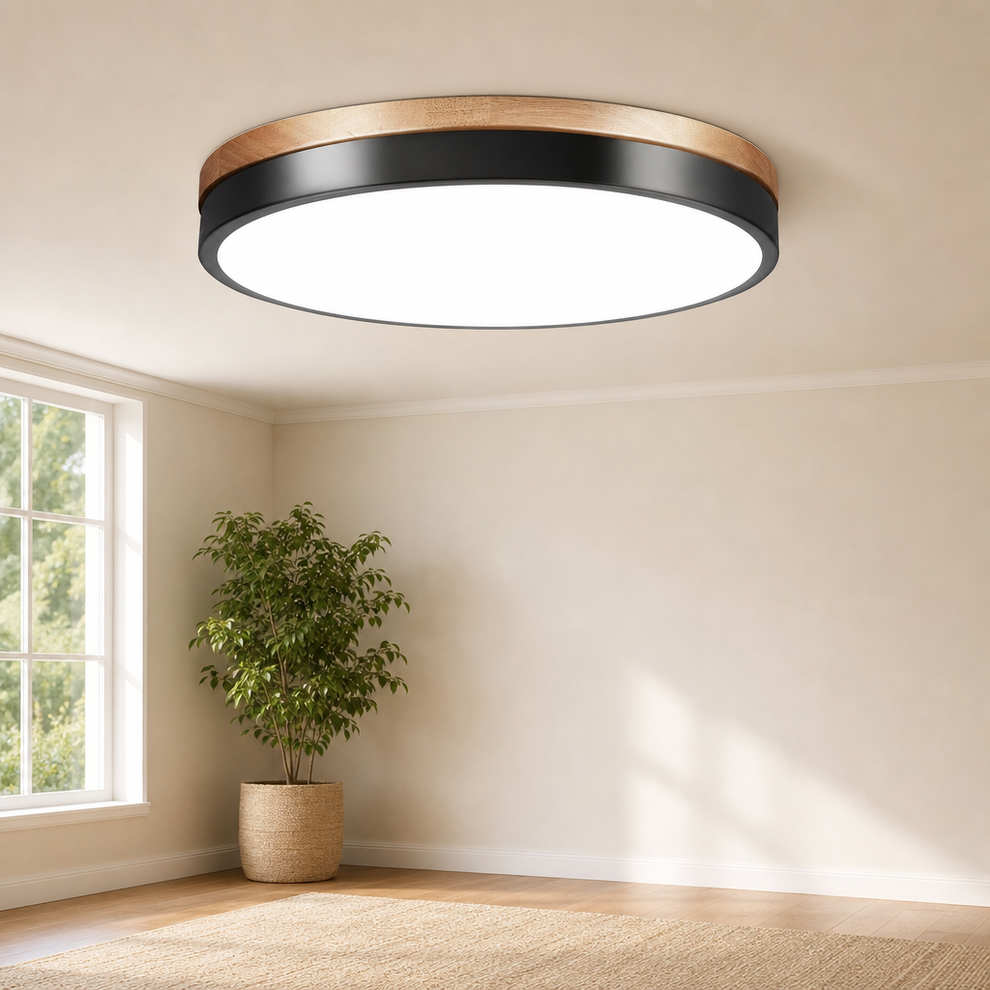 Wood-Trim Integrated LED Flush Mount Ceiling Light, CCT Selectable & Dimmable centered in a warm neutral furnished room