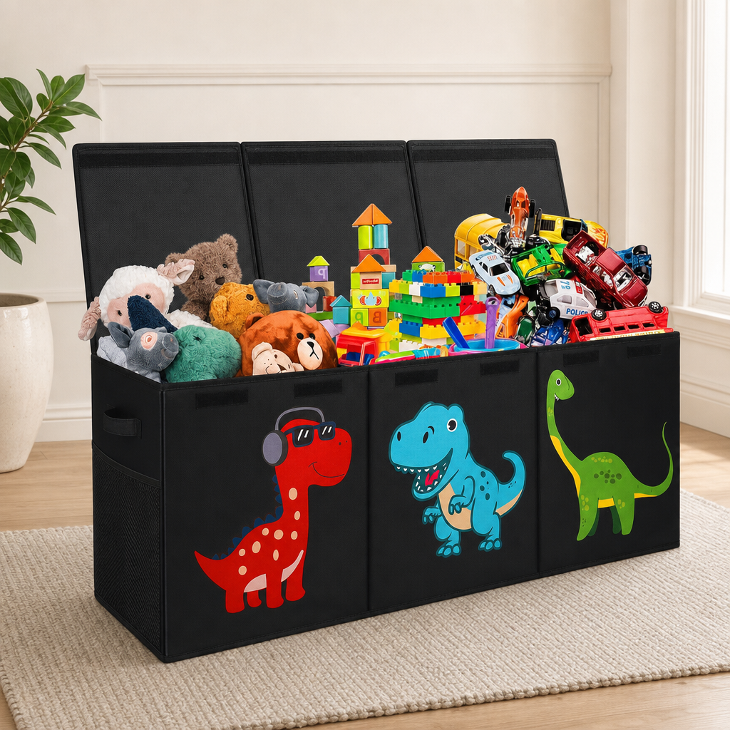 Extra-Large Collapsible Toy Storage Box with Lid & Removable Dividers centered in a warm neutral furnished room
