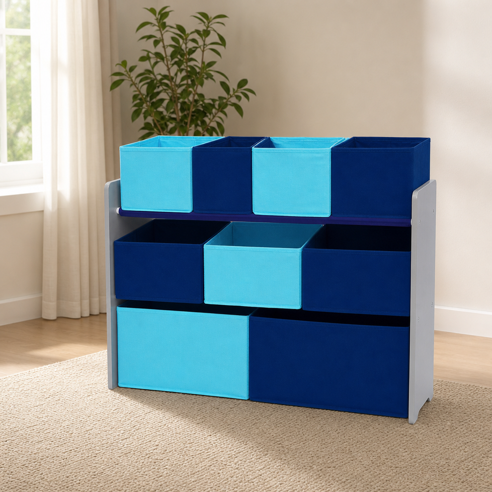 Multi-Bin Toy Organizer with 9 Storage Bins centered in a warm neutral furnished room