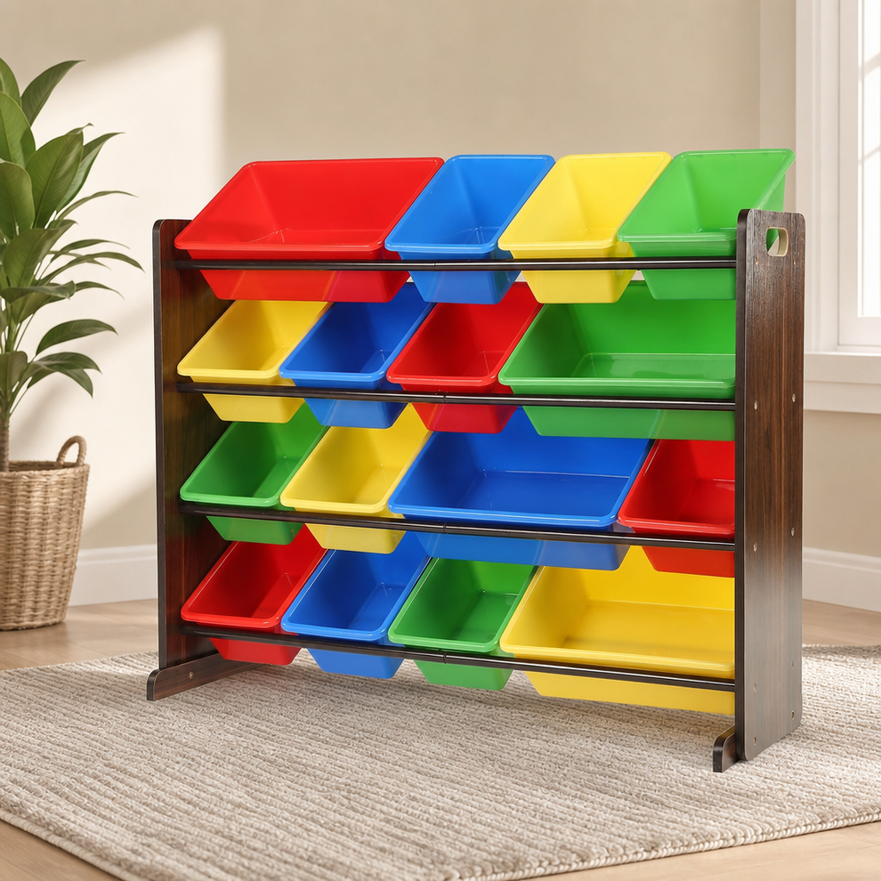 Humble Crew Kids Toy Organizer with 16 Bins, 4 Tier Storage for Playroom centered in a warm neutral furnished room